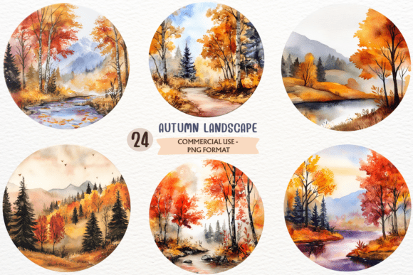 Watercolor Autumn Landscape Clipart PNG